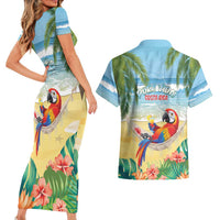Pura Vida Costa Rica Couples Matching Short Sleeve Bodycon Dress and Hawaiian Shirt Chilling Scarlet Macaw Tropical Vibes - Wonder Print Shop