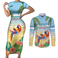 Pura Vida Costa Rica Couples Matching Short Sleeve Bodycon Dress and Long Sleeve Button Shirt Chilling Scarlet Macaw Tropical Vibes - Wonder Print Shop