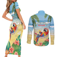 Pura Vida Costa Rica Couples Matching Short Sleeve Bodycon Dress and Long Sleeve Button Shirt Chilling Scarlet Macaw Tropical Vibes - Wonder Print Shop