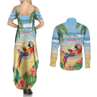 Pura Vida Costa Rica Couples Matching Summer Maxi Dress and Long Sleeve Button Shirt Chilling Scarlet Macaw Tropical Vibes - Wonder Print Shop