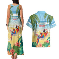 Pura Vida Costa Rica Couples Matching Tank Maxi Dress and Hawaiian Shirt Chilling Scarlet Macaw Tropical Vibes - Wonder Print Shop