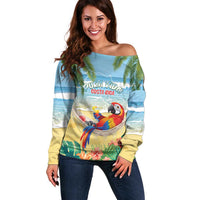 Pura Vida Costa Rica Off Shoulder Sweater Chilling Scarlet Macaw Tropical Vibes - Wonder Print Shop
