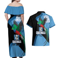 Guatemala Independence Day Couples Matching Off Shoulder Maxi Dress and Hawaiian Shirt 502 Mi Tierra Resplendent Quetzal - Wonder Print Shop