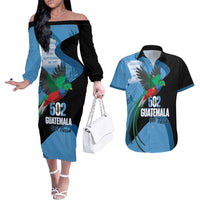 Guatemala Independence Day Couples Matching Off The Shoulder Long Sleeve Dress and Hawaiian Shirt 502 Mi Tierra Resplendent Quetzal - Wonder Print Shop