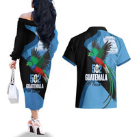 Guatemala Independence Day Couples Matching Off The Shoulder Long Sleeve Dress and Hawaiian Shirt 502 Mi Tierra Resplendent Quetzal - Wonder Print Shop