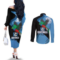 Guatemala Independence Day Couples Matching Off The Shoulder Long Sleeve Dress and Long Sleeve Button Shirt 502 Mi Tierra Resplendent Quetzal - Wonder Print Shop