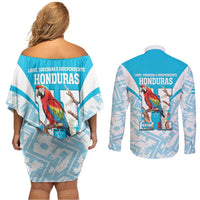 Honduras Independence Day Couples Matching Off Shoulder Short Dress and Long Sleeve Button Shirt 504 Proud Scarlet Macaw - Wonder Print Shop