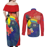Belize Independence Day Couples Matching Off Shoulder Maxi Dress and Long Sleeve Button Shirt 501 Proud Keel Billed Toucan Tropical - Wonder Print Shop