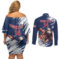 Custom USA Rugby Couples Matching Off Shoulder Short Dress and Long Sleeve Button Shirt Powerful Eagle Grunge Brush Style - Blue - Wonder Print Shop