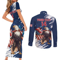 Custom USA Rugby Couples Matching Short Sleeve Bodycon Dress and Long Sleeve Button Shirt Powerful Eagle Grunge Brush Style - Blue - Wonder Print Shop