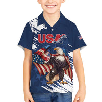 Custom USA Rugby Family Matching Off The Shoulder Long Sleeve Dress and Hawaiian Shirt Powerful Eagle Grunge Brush Style - Blue - Wonder Print Shop
