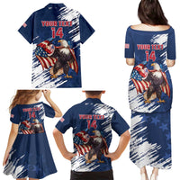 Custom USA Rugby Family Matching Puletasi and Hawaiian Shirt Powerful Eagle Grunge Brush Style - Blue - Wonder Print Shop