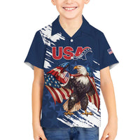 Custom USA Rugby Family Matching Short Sleeve Bodycon Dress and Hawaiian Shirt Powerful Eagle Grunge Brush Style - Blue - Wonder Print Shop