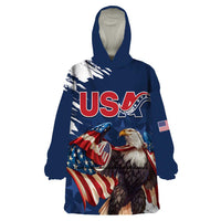 Custom USA Rugby Wearable Blanket Hoodie Powerful Eagle Grunge Brush Style - Blue - Wonder Print Shop