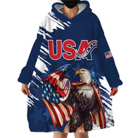 Custom USA Rugby Wearable Blanket Hoodie Powerful Eagle Grunge Brush Style - Blue - Wonder Print Shop