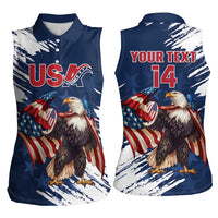 Custom USA Rugby Women Sleeveless Polo Shirt Powerful Eagle Grunge Brush Style - Blue - Wonder Print Shop