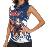 Custom USA Rugby Women Sleeveless Polo Shirt Powerful Eagle Grunge Brush Style - Blue - Wonder Print Shop