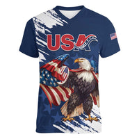 Custom USA Rugby Women V-Neck T-Shirt Powerful Eagle Grunge Brush Style - Blue - Wonder Print Shop