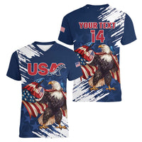 Custom USA Rugby Women V-Neck T-Shirt Powerful Eagle Grunge Brush Style - Blue - Wonder Print Shop