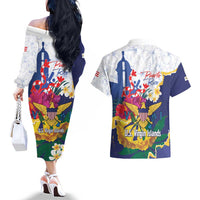 US Virgin Islands - Puerto Rico Day Couples Matching Off The Shoulder Long Sleeve Dress and Hawaiian Shirt Boricua Coqui Yellow-colored Eagle - Wonder Print Shop