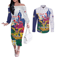 US Virgin Islands - Puerto Rico Day Couples Matching Off The Shoulder Long Sleeve Dress and Long Sleeve Button Shirt Boricua Coqui Yellow-colored Eagle - Wonder Print Shop