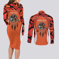 Personalized Orange Day Canada Couples Matching Long Sleeve Bodycon Dress and Long Sleeve Button Shirt Honouring The Children Haida Pattern - Wonder Print Shop