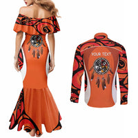 Personalized Orange Day Canada Couples Matching Mermaid Dress and Long Sleeve Button Shirt Honouring The Children Haida Pattern - Wonder Print Shop