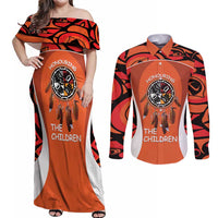 Personalized Orange Day Canada Couples Matching Off Shoulder Maxi Dress and Long Sleeve Button Shirt Honouring The Children Haida Pattern - Wonder Print Shop