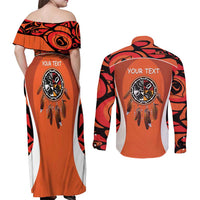 Personalized Orange Day Canada Couples Matching Off Shoulder Maxi Dress and Long Sleeve Button Shirt Honouring The Children Haida Pattern - Wonder Print Shop