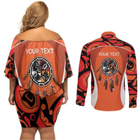 Personalized Orange Day Canada Couples Matching Off Shoulder Short Dress and Long Sleeve Button Shirt Honouring The Children Haida Pattern - Wonder Print Shop