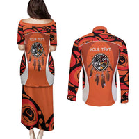 Personalized Orange Day Canada Couples Matching Puletasi and Long Sleeve Button Shirt Honouring The Children Haida Pattern - Wonder Print Shop
