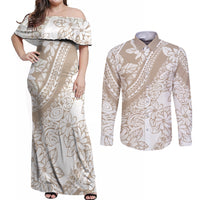 Polynesia Couples Matching Off Shoulder Maxi Dress and Long Sleeve Button Shirts Polynesian Tropical Flowers Beige Pastel Vibes - Wonder Print Shop
