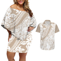 Polynesia Couples Matching Off Shoulder Short Dress and Hawaiian Shirt Polynesian Tropical Flowers Beige Pastel Vibes - Wonder Print Shop