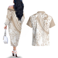 Polynesia Couples Matching Off The Shoulder Long Sleeve Dress and Hawaiian Shirt Polynesian Tropical Flowers Beige Pastel Vibes - Wonder Print Shop