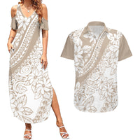 Polynesia Couples Matching Summer Maxi Dress and Hawaiian Shirt Polynesian Tropical Flowers Beige Pastel Vibes - Wonder Print Shop