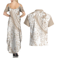 Polynesia Couples Matching Summer Maxi Dress and Hawaiian Shirt Polynesian Tropical Flowers Beige Pastel Vibes - Wonder Print Shop