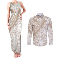 Polynesia Couples Matching Tank Maxi Dress and Long Sleeve Button Shirts Polynesian Tropical Flowers Beige Pastel Vibes - Wonder Print Shop