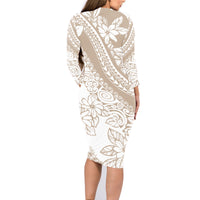 Polynesia Family Matching Long Sleeve Bodycon Dress and Hawaiian Shirt Polynesian Tropical Flowers Beige Pastel Vibes - Wonder Print Shop