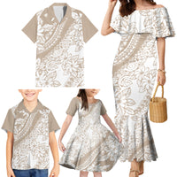 Polynesia Family Matching Mermaid Dress and Hawaiian Shirt Polynesian Tropical Flowers Beige Pastel Vibes - Wonder Print Shop