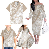 Polynesia Family Matching Off Shoulder Long Sleeve Dress and Hawaiian Shirt Polynesian Tropical Flowers Beige Pastel Vibes - Wonder Print Shop