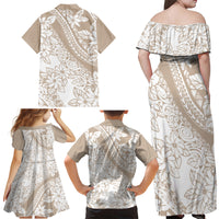 Polynesia Family Matching Off Shoulder Maxi Dress and Hawaiian Shirt Polynesian Tropical Flowers Beige Pastel Vibes - Wonder Print Shop