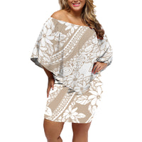 Polynesia Family Matching Off Shoulder Short Dress and Hawaiian Shirt Polynesian Tropical Flowers Beige Pastel Vibes - Wonder Print Shop