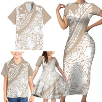 Polynesia Family Matching Short Sleeve Bodycon Dress and Hawaiian Shirt Polynesian Tropical Flowers Beige Pastel Vibes - Wonder Print Shop