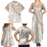 Polynesia Family Matching Summer Maxi Dress and Hawaiian Shirt Polynesian Tropical Flowers Beige Pastel Vibes - Wonder Print Shop