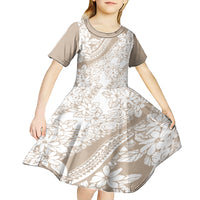 Polynesia Kid Short Sleeve Dress Polynesian Tropical Flowers Beige Pastel Vibes - Wonder Print Shop