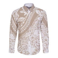 Polynesia Long Sleeve Button Shirt Polynesian Tropical Flowers Beige Pastel Vibes - Wonder Print Shop