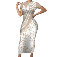 Polynesia Short Sleeve Bodycon Dress Polynesian Tropical Flowers Beige Pastel Vibes - Wonder Print Shop
