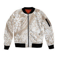 Polynesia Sleeve Zip Bomber Jacket Polynesian Tropical Flowers Beige Pastel Vibes - Wonder Print Shop