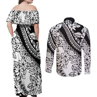Polynesia Couples Matching Off Shoulder Maxi Dress and Long Sleeve Button Shirts Polynesian Tropical Flowers Black Pastel Vibes - Wonder Print Shop