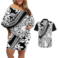 Polynesia Couples Matching Off Shoulder Short Dress and Hawaiian Shirt Polynesian Tropical Flowers Black Pastel Vibes - Wonder Print Shop